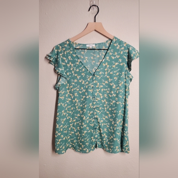 Pleione Tops - Floral Green Ruffle Sleeve Top